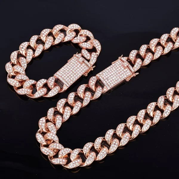 Rose gold set Сплав с украшением в виде кристаллов тяжелых Майами, кубинская сеть с браслетом и Цепочки и ожерелья комплект цвета: золотистый, серебристый 20 мм Большой чокер Для мужчин в стиле «хип-хоп», ювелирные изделия 1" 18" - Окраска металла: Rose gold set