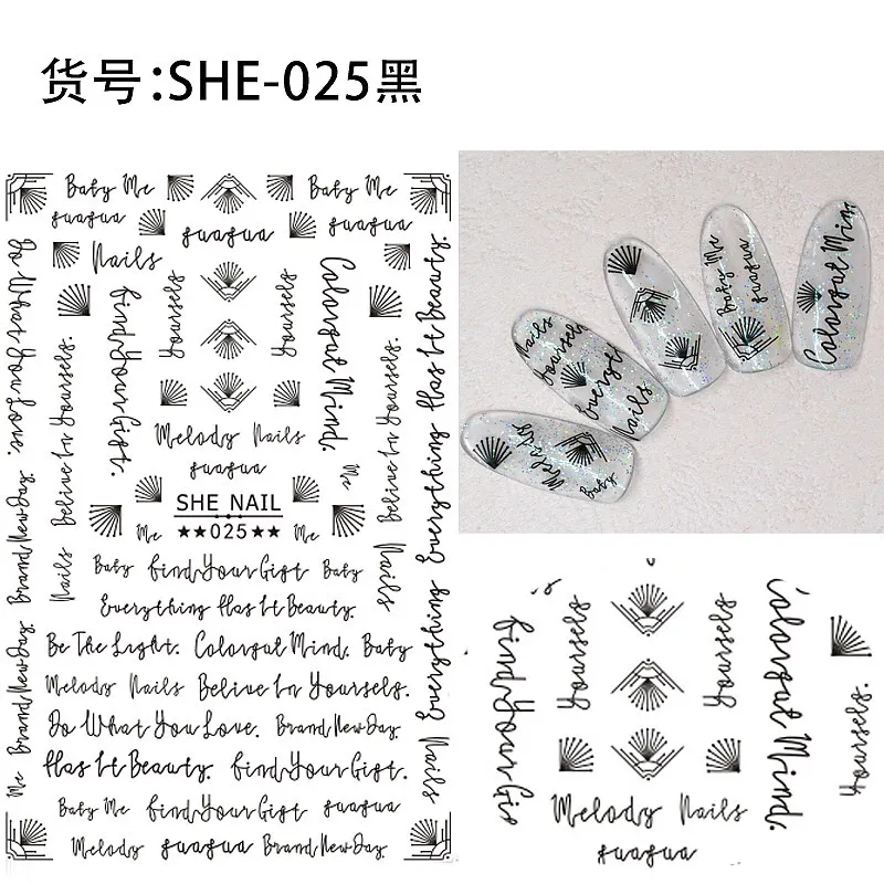 SHE025 Black 2 листа черный различные линии стрелка цветы арабский латинский алфавит шаблон клей дизайн ногтей наклейки украшения DIY наконечник SHE01-31 - Цвет: SHE025 Black