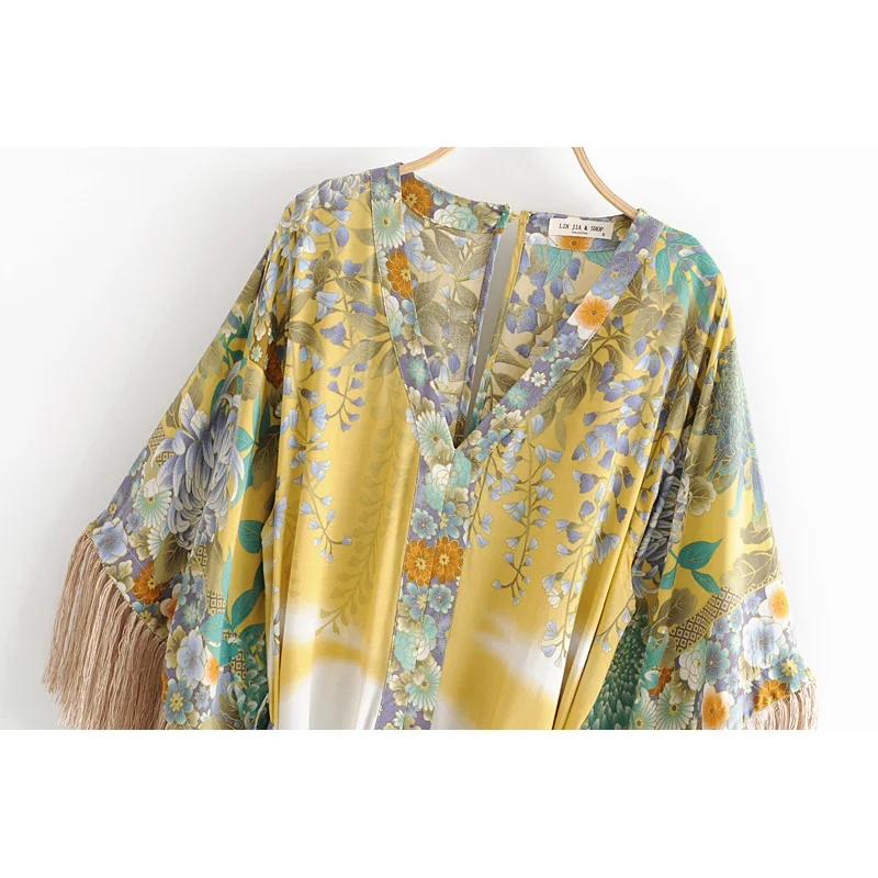 Летние шикарные Boho кисточкой сращены кимоно с цветочным принтом платье модные женские туфли с v-образным вырезом рукав "летучая мышь" Мини платья повседневные платья