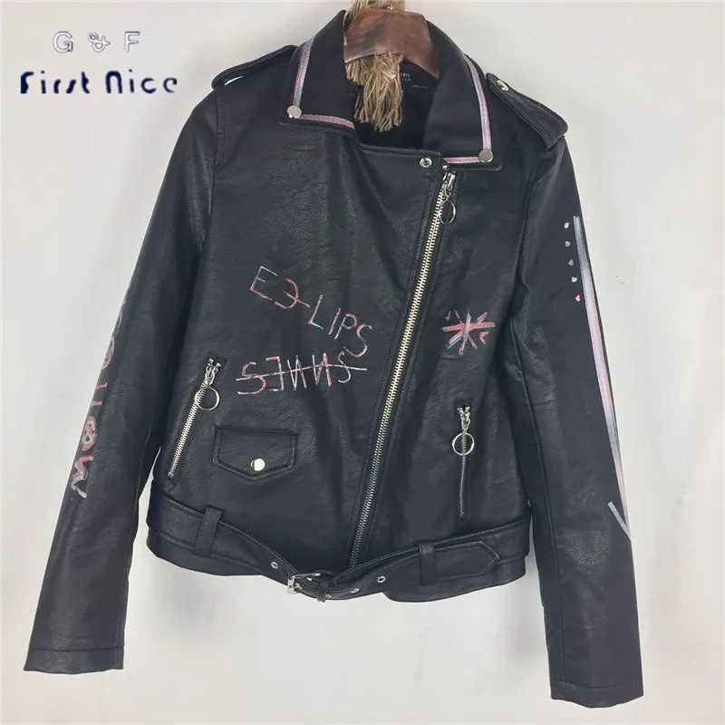 Женщин PU Куртка Бомбардировщика 2017 Весна Новая Мода Молнии Письмо Печатных Пояса
