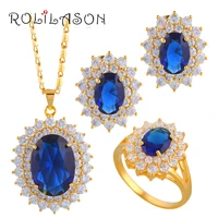 rolilason oval gold tone earring pendant necklace jewelry set ring blue zirconia crystal health sz 5 756 757 758 5 js076