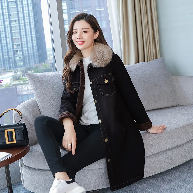

New Style Women's Thicked Denim Cotton Fox Fur Collar Medium Dust Coat