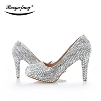 new arrival silver crystal womens wedding shoes real leather insole platform shoes 10cm12cm party dress shoes high shoes female