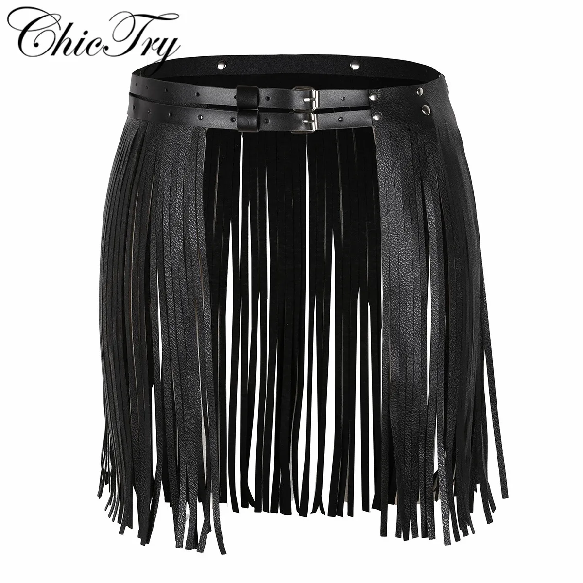 

Women Female Adjustable Faux Leather Waistband Fringe Tassel Skirt Belt Skirt for Dancing Stage Performance Party Clubwear.