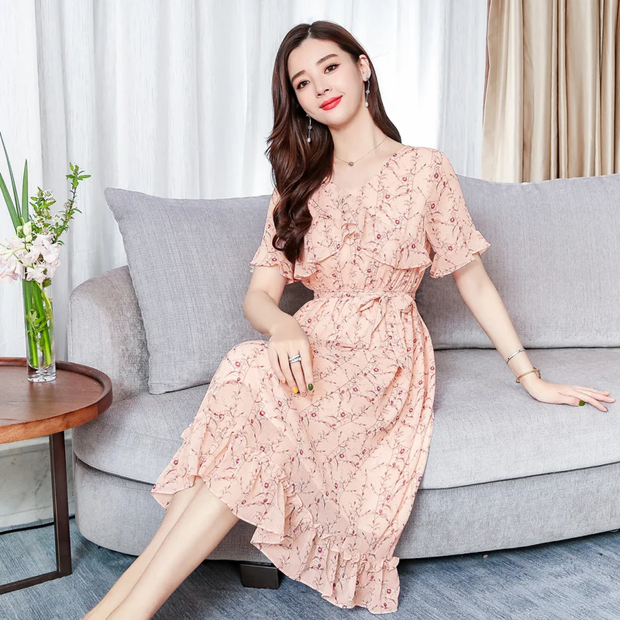 2019 Винтаж 3XL плюс размеры розовый принт пляжные наряды лето сладкий шифон Boho миди