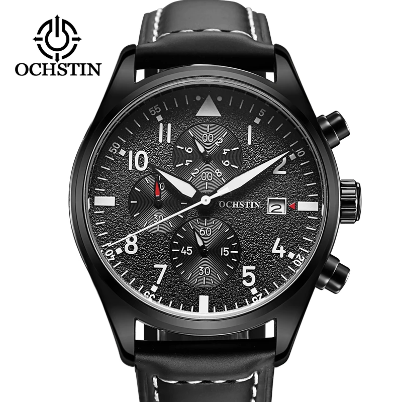 Новые мужские часы OCHSTIN, Топ бренд, спортивные наручные часы, кварцевые часы, водонепроницаемые, с хронографом, кварцевые, черные, мужские, дата, кожаный ремешок, часы