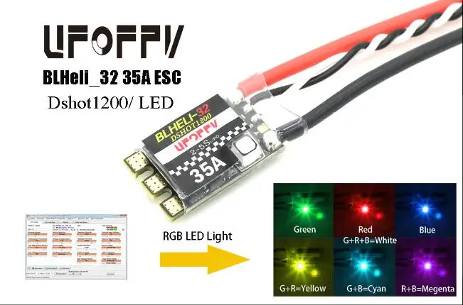 

Электронный регулятор скорости UFOFPV blheli _ 32 35A Dshot1200/RGB LED 32-битсветодиодный 3-5S ESC