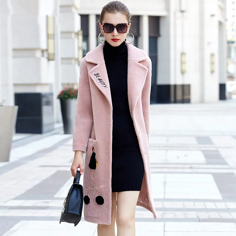 Pink AYUNSUE, модное пальто из натуральной овечьей шерсти, Женское зимнее теплое пальто из натурального меха, длинные шерстяные куртки для женщин, пальто P705 - Цвет: Pink