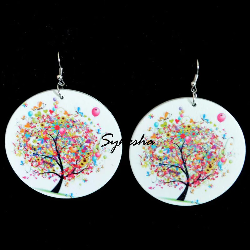 

Модные круглые деревянные серьги для женщин, цветные серьги с рисунком дерева