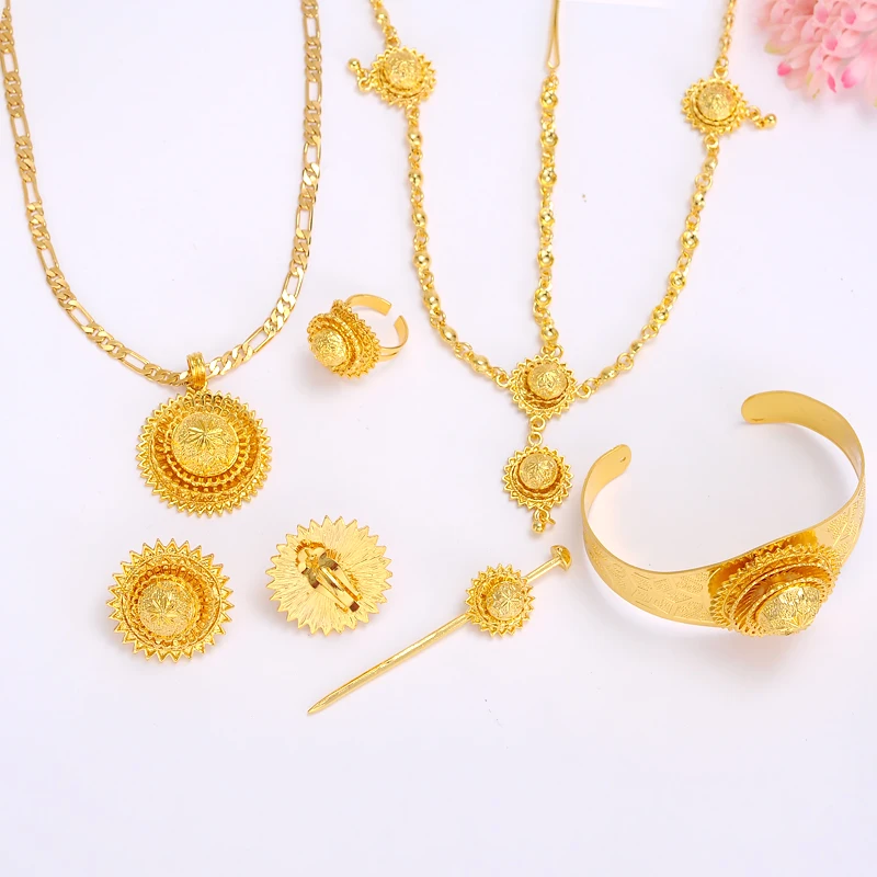 

Bangrui Ethiopian wedding jewelry 24k Gold Color women jewelry hair chain/ hair stick/ pendant /bangle/earrings/rings