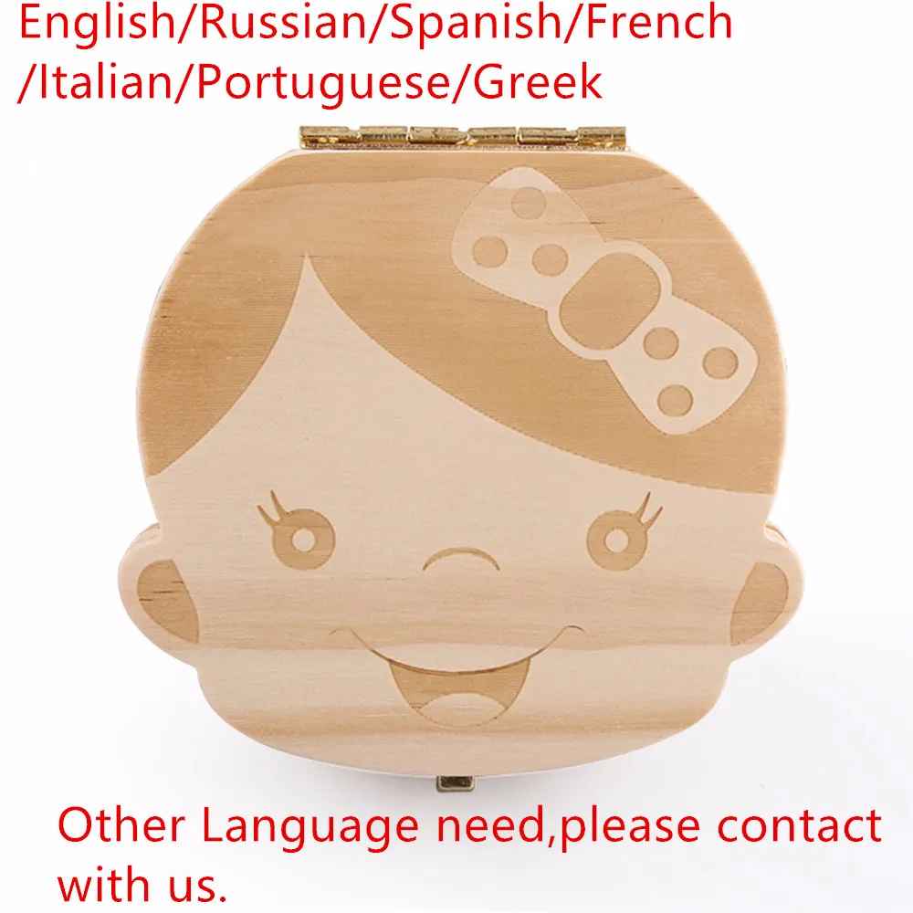 Caja de dientes Ca&iacute;dos para ni&ntilde;os y ni&ntilde;as, almacenamiento de madera Natural con texto en ingl&eacute;s, espa&ntilde;ol, griego, organizador de colecci&oacute;n de dientes de leche-5