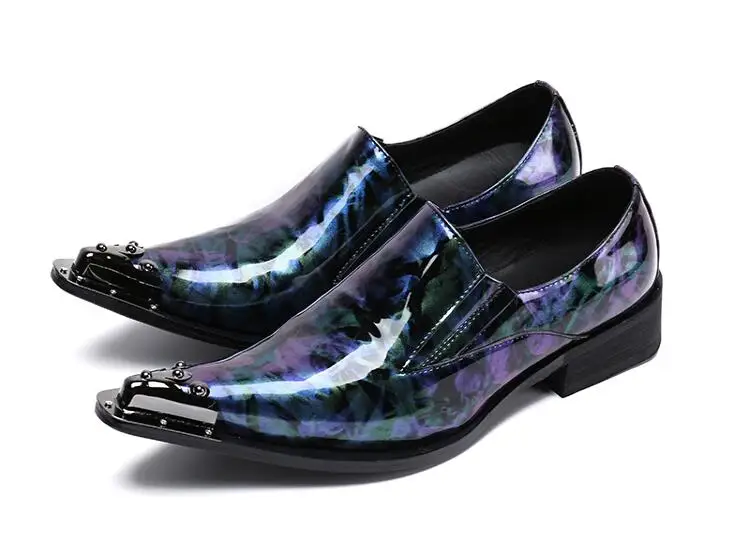 

Oxfords Men slip on height increasing shoes smart casual printed flower pointed iron toes genuine leather low top dress shoes