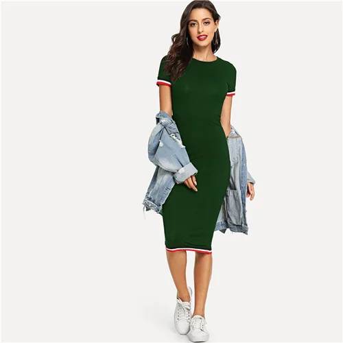 Green SweatyRocks Полосатое платье-Тройник, уличная одежда с круглым вырезом, женская повседневная одежда, новинка, весна-лето, облегающее длинное платье - Цвет: Green
