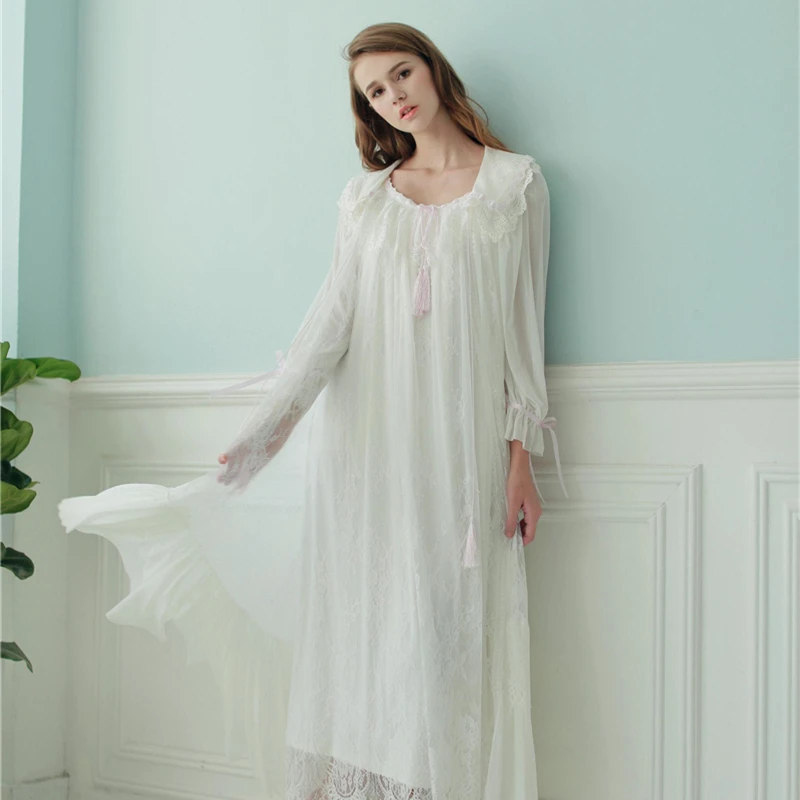 

Women Robe Lace Gown Long Sleepwear Set Royal Nightwear Spring Summer Nightgown Set Wedding Robe Two Pieces Set High Quality