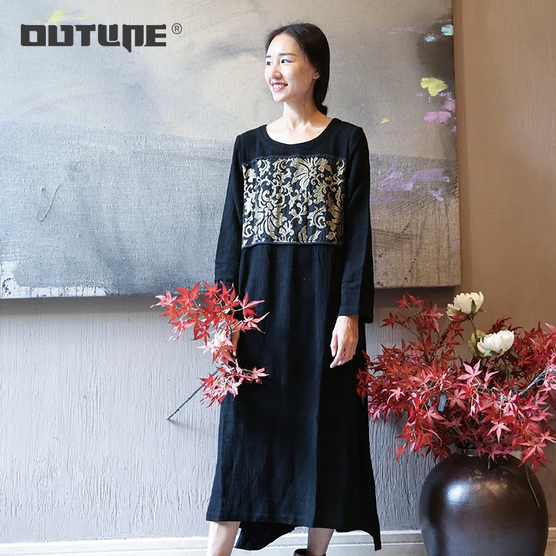 Контур Для женщин Вышивка Хлопковое платье Винтаж черный О образным вырезом с