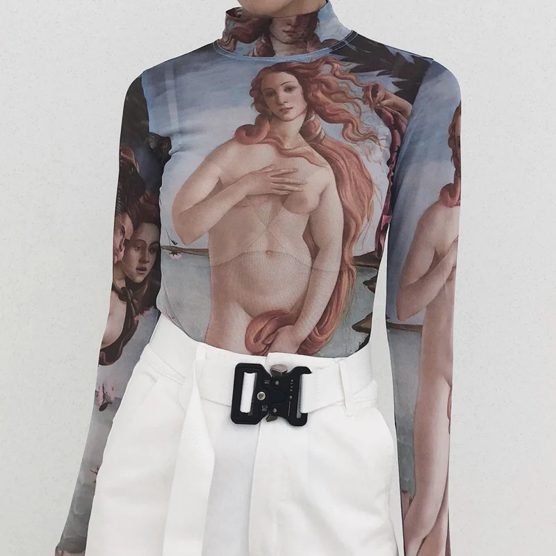 Harajuku vintage ins hot Greek mythology pattern printing Venus goddess of love long sleeve mesh fabric women tshirts tee YQ-891 | Женская