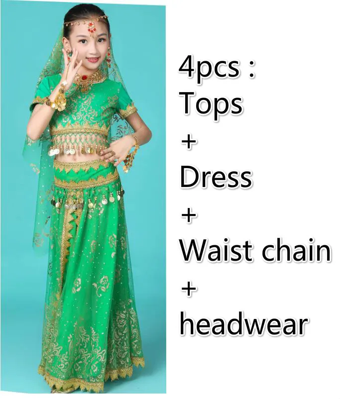 4pcs green Костюмы для Танцев Живота для девочек, дизайн, детские платья для восточных танцев, индийское болливудское танцевальное профессиональное снаряжение для детей, 4 цвета - Цвет: 4pcs green