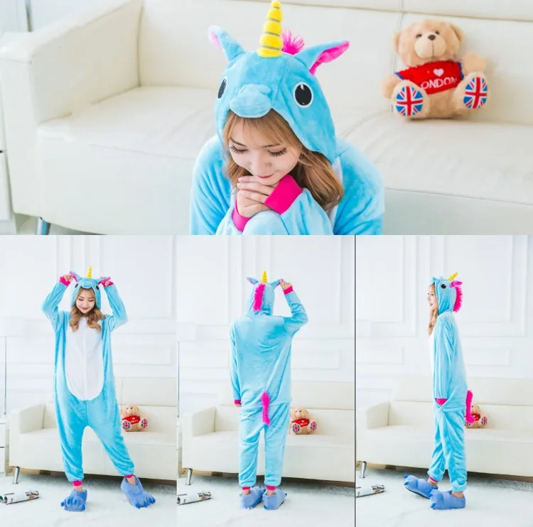 mc1404 blue unicorn Осенне-зимние пижамные комплекты с единорогом, пижамы с героями мультфильмов, женская пижама, теплая Фланелевая пижама с изображением животных, зебры, стежка, пижамы с единорогом, кигуруми - Цвет: mc1404 blue unicorn