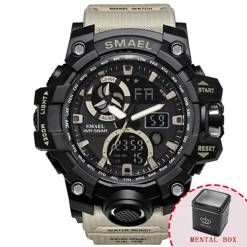 Khaki Box Военные часы, водонепроницаемые, 50 м, SMAEL, армейские часы, S Shock, автоматический, relogio, светодиодный, мужские часы, кожа, 1545C, мужские спортивные часы, цифровые - Цвет: Khaki Box