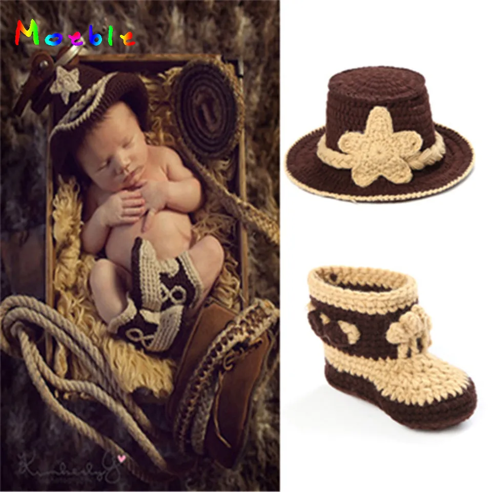 Stylish Western Cowboy Hat&ampBooties Set Newborn Boy Photo Photography Props Knitted Infant Cartoon Costume MZS-14026 | Детская одежда
