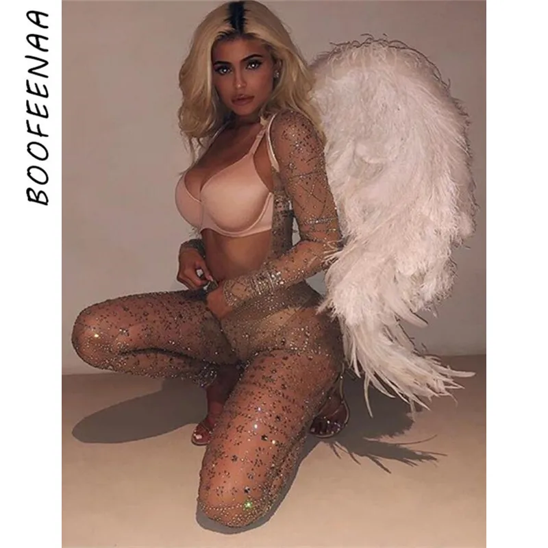 Комбинезон BOOFEENAA Kylies прозрачный блестящий с длинным рукавом треугольным вырезом