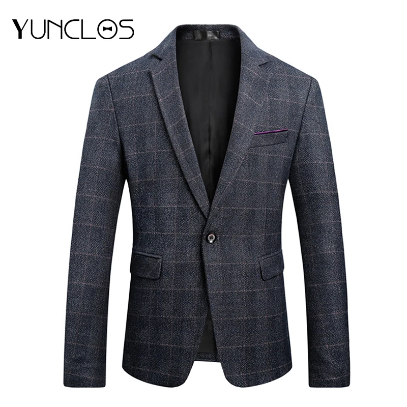 YUNCLOS осенний Новый облегающий мужской костюм Блейзер Классический Клетчатый с
