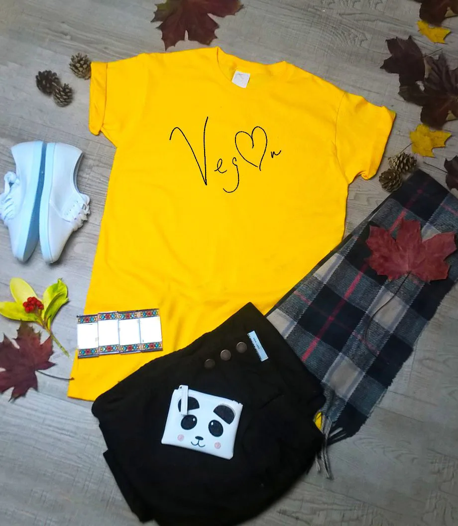 

Vegan T Shirt heart graphic women fashion grunge tumblr yellow quality cotton casual party street style goth art tee top