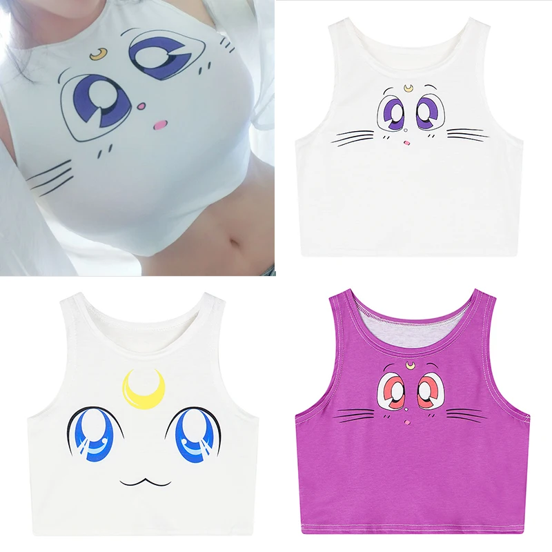 

2021 Harajuku Sexy Girls Cosplay Costume Sailor Crop Tops Shirt Print tank tops Colorful sleeveless Tee Vest
