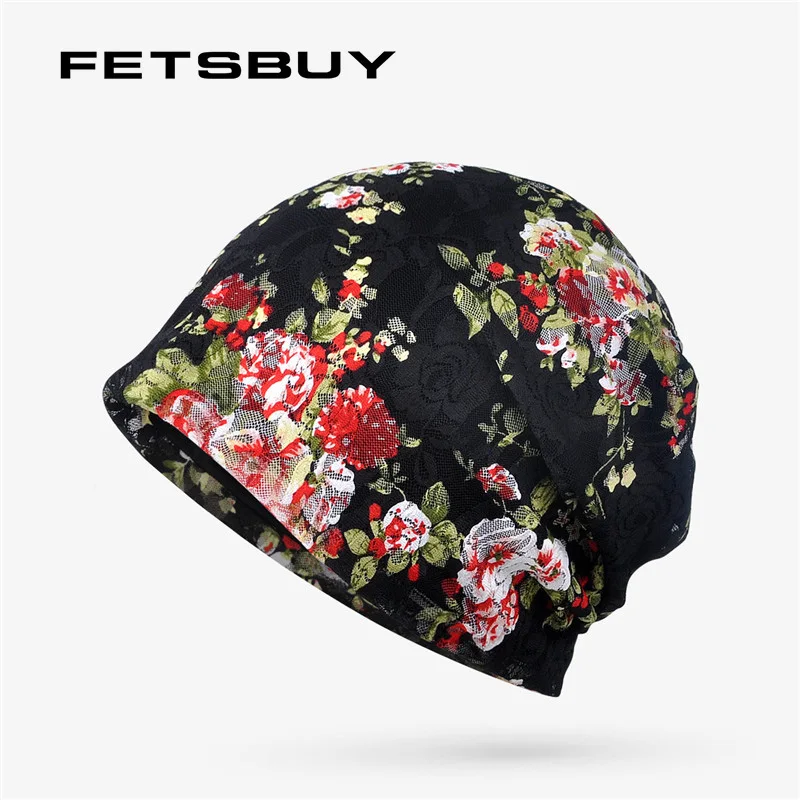 FETSBUY брендовые кружевные вязаные шапочки с цветочным рисунком шапки для женщин