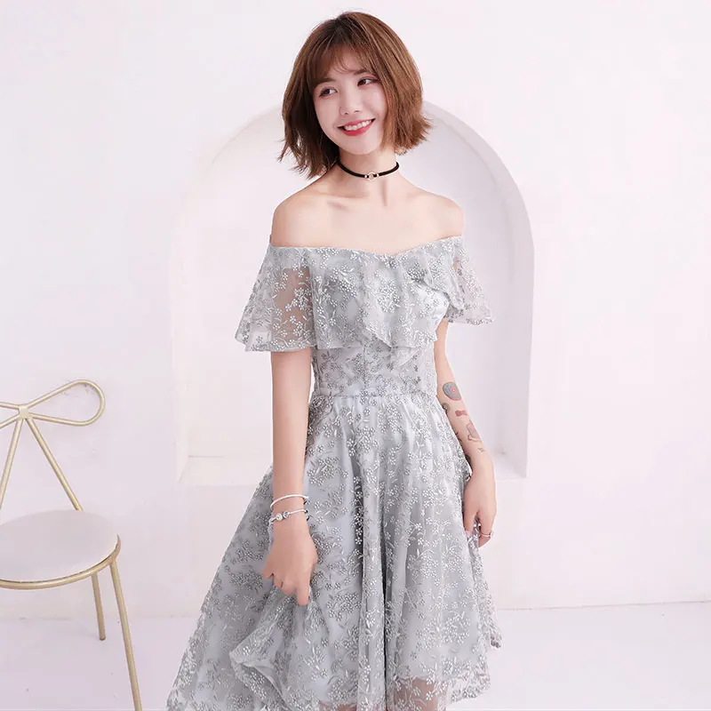 silver gray Короткие платья для выпускного вечера с вырезом лодочкой, с открытыми плечами, с оборками, серебристо-серые,, сексуальные, кружевные, высокие, низкие, вечерние платья для выпускного вечера - Цвет: silver gray