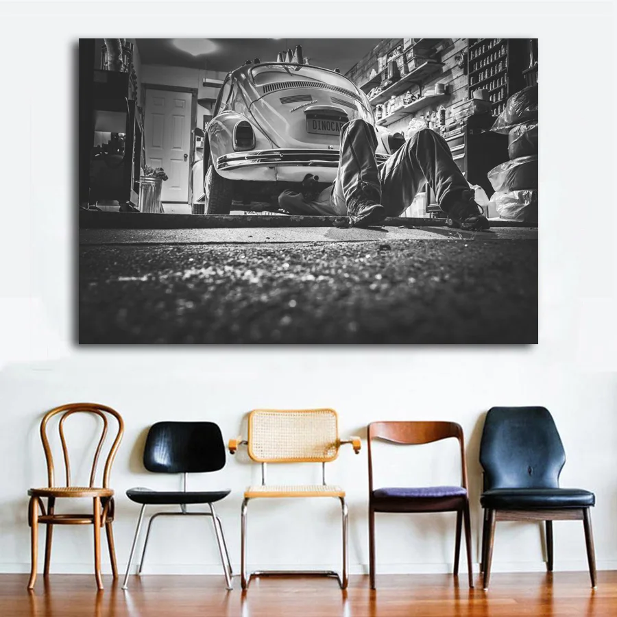 Черный и Белый автомобиля Классический Жук ретро автомобиль Wall Art постер Холст