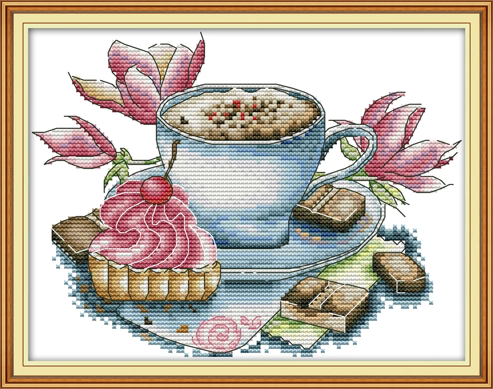 

Teacup and cake cross stitch kit aida 14ct 11ct count print canvas stitches embroidery DIY handmade