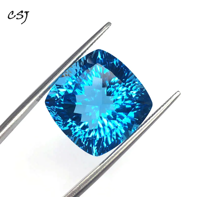 CSJ Real Natural Blue Topaz Loose Gemstone Deep Color Big Stone Cushion16MM 23.5ct Brilliant Cut For Diy Jewelry 925 Silver Gold | Украшения