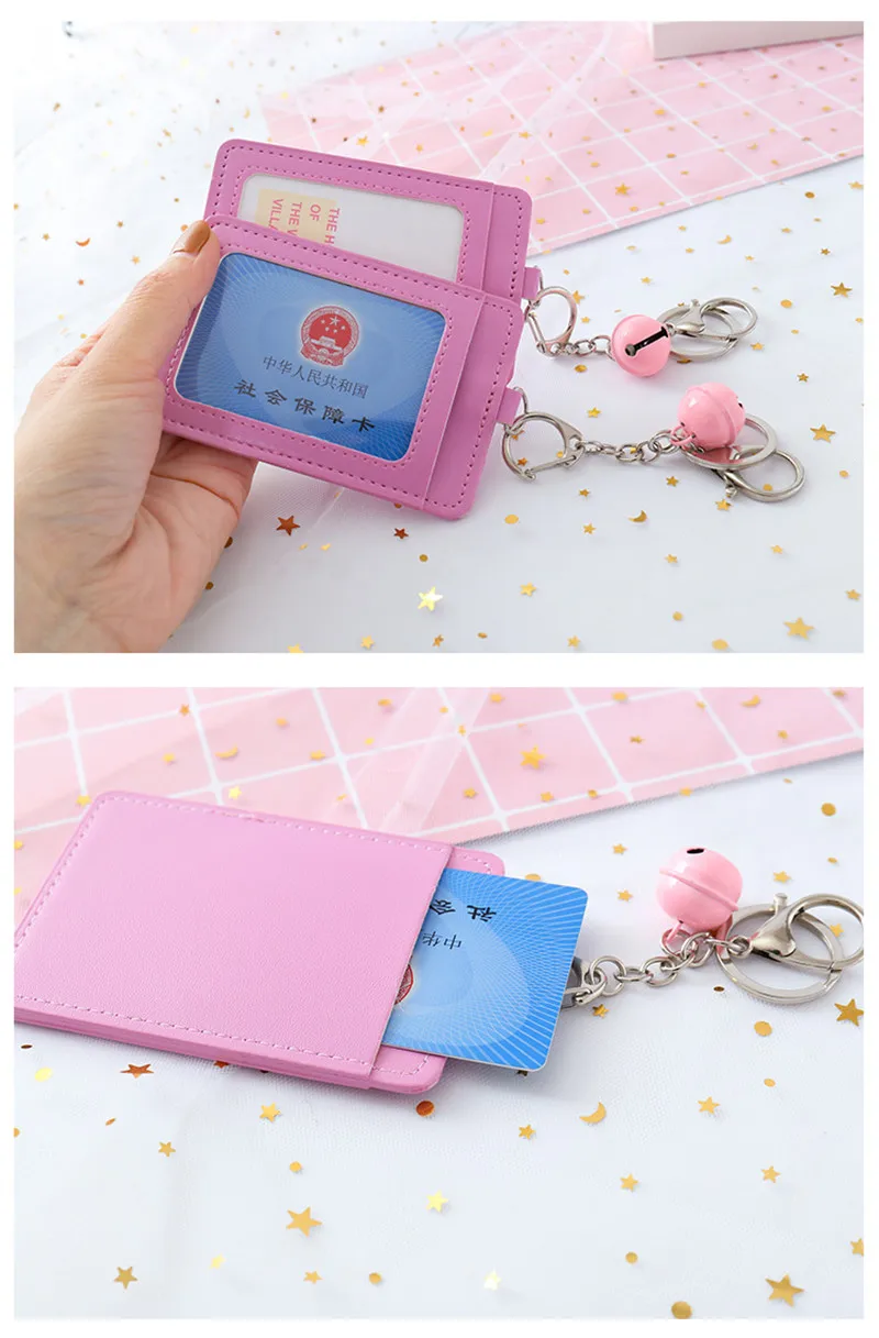 Pink Girl ID Card Holder PU Wallet With Small Bell Student Bus Card Set Cover Women Holder Bags Travel Accessories