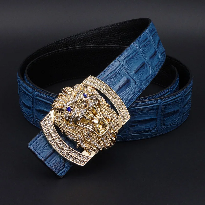 

2018 Gold Silver Lion Buckle Diamond Alligator Men Genuine Leather Belt Business Casaul Leather Belts for Men ZH506