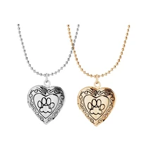 1pcs heart shape dog paw print pendant locket photo box necklace charm valentines day gift for dog lovers statement women