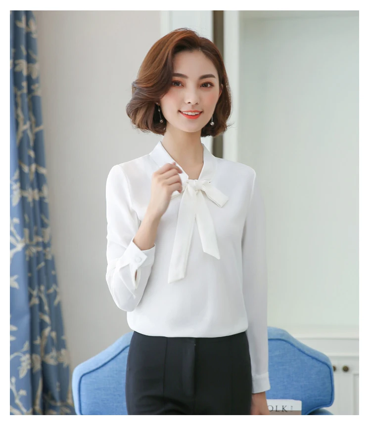 Spring Autumn women Basic style casual Full-sleeve shirts solid Bow V-neck large size loose blouse office lady chiffon tops