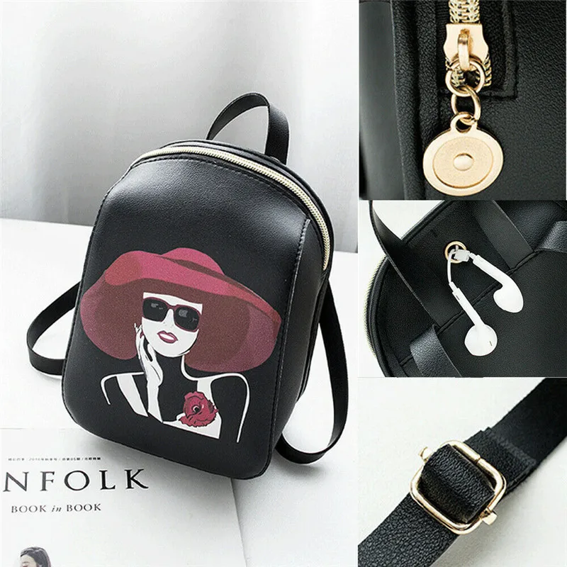 New Style Women Characters Pattern Backpack Girls Portable Travel PU Leather Small Shoulder Bags Fashion 2019 | Багаж и сумки