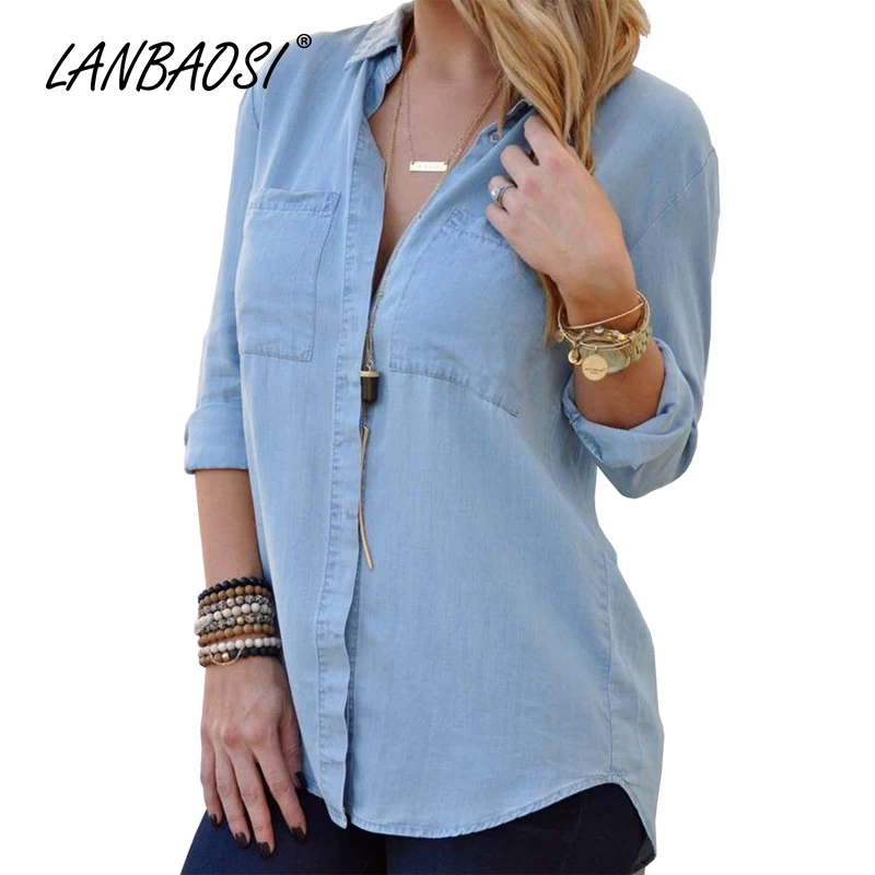 LANBAOSI джинсовые женские светло голубые рубашки повседневные свободные из хлопка