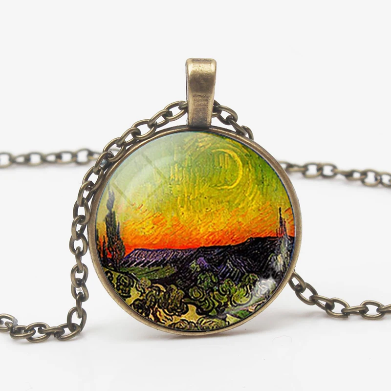 Vintage Van Gogh Oil Painting Pendant Necklace Moon Night Street Landscape Pattern Sunflower Men Women Handmade Trinket |