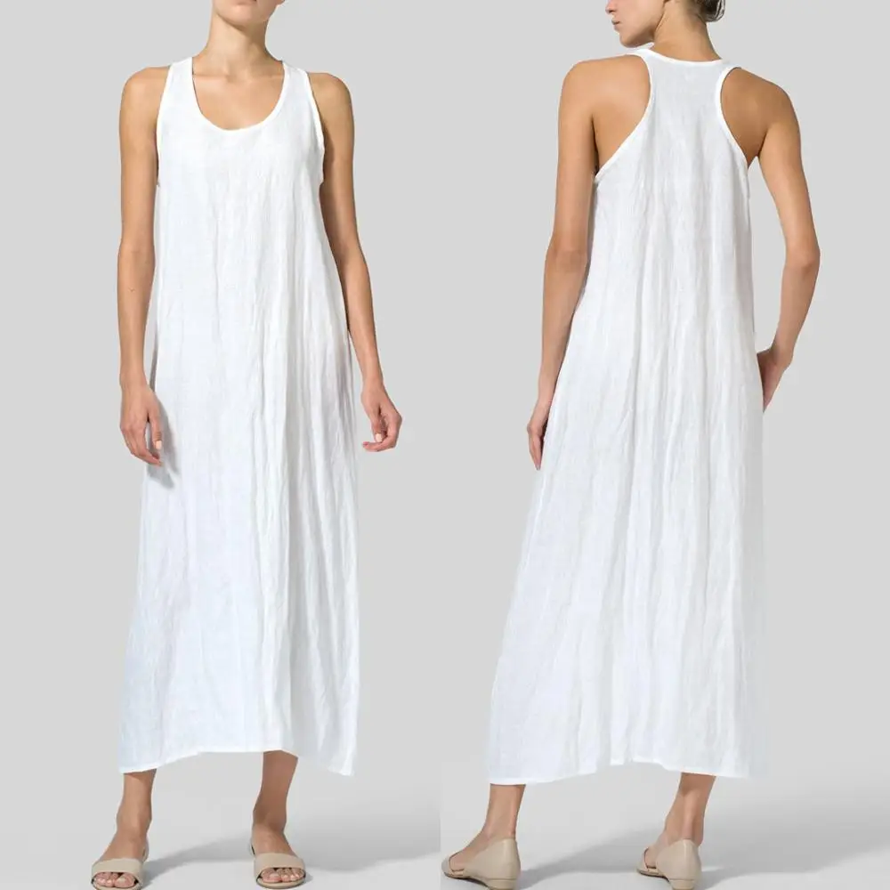Модное женское летнее платье без рукавов хлопковое и льняное повседневное