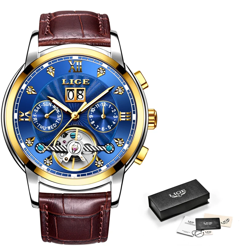 Часы наручные LIGE мужские механические автоматические водонепроницаемые в стиле
