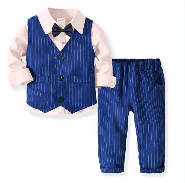 Pink Blue Одежда для мальчиков; комплекты для джентльменов; вязаный жилет; рубашка; брюки; комплект; детские костюмы с бантом; пальто; топы; полосатая одежда; одежда для близнецов - Цвет: Pink Blue