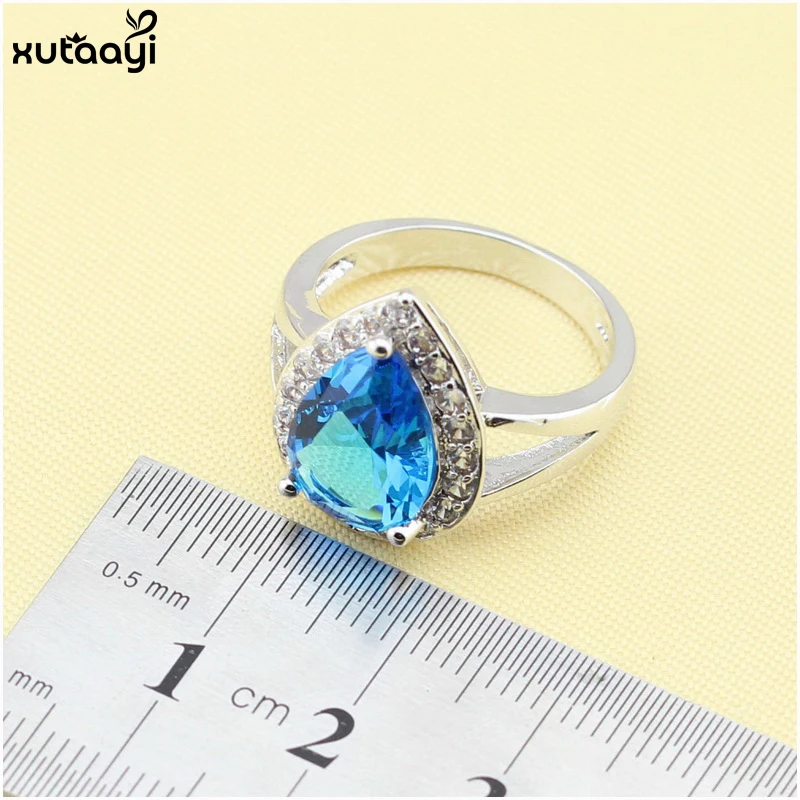 XUTAAYI Silver colorDrop Jewelry Sets For women Blue Cubic Zirconia White CZ Fancy Wedding Necklace/Rings/Earrings Set | Украшения и