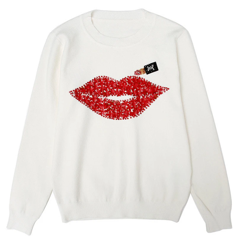 Harajuku 2018 Women Sweater Autumn Winter Brand Designer Hand Made Diamonds Red Lips Sequined Tops Female Lipstick Knit | Женская одежда