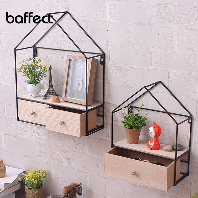 Wooden Iron Wall Shelf Creative Triangular House Double/Single Drawer Hanging Storage Rack Organizer For Bedroom Kitchen | Дом и сад