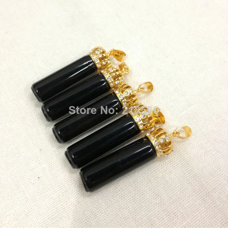 

H-PP27 Healing Stone Black Onyx Agat Clylinder Point Pendant with 24k Gold Crown Cap and Bail