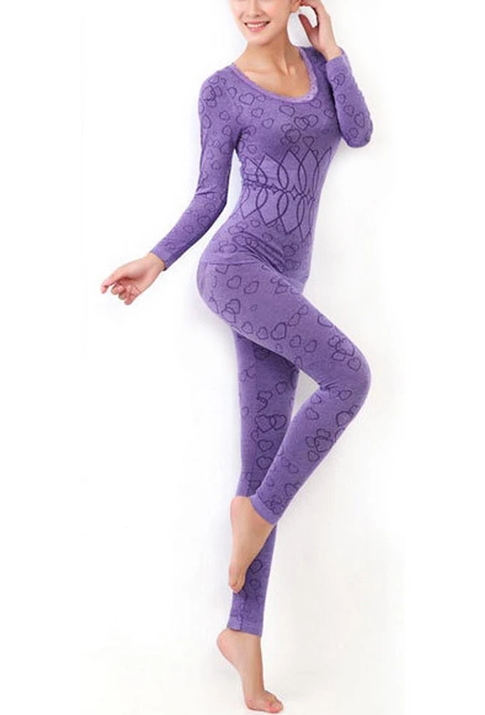 Женский Теплый комплект с круглым вырезом зимний из топа и брюк пижама длинными