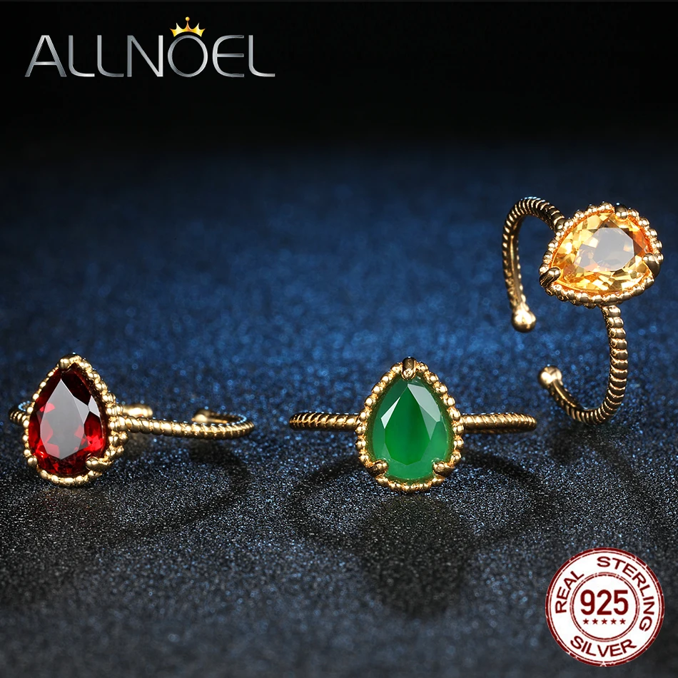 ALLNOEL 925 пробы серебряные кольца для женщин классические капли воды натуральный гранат Агат цитрин Свадебные обручальные кольца набор