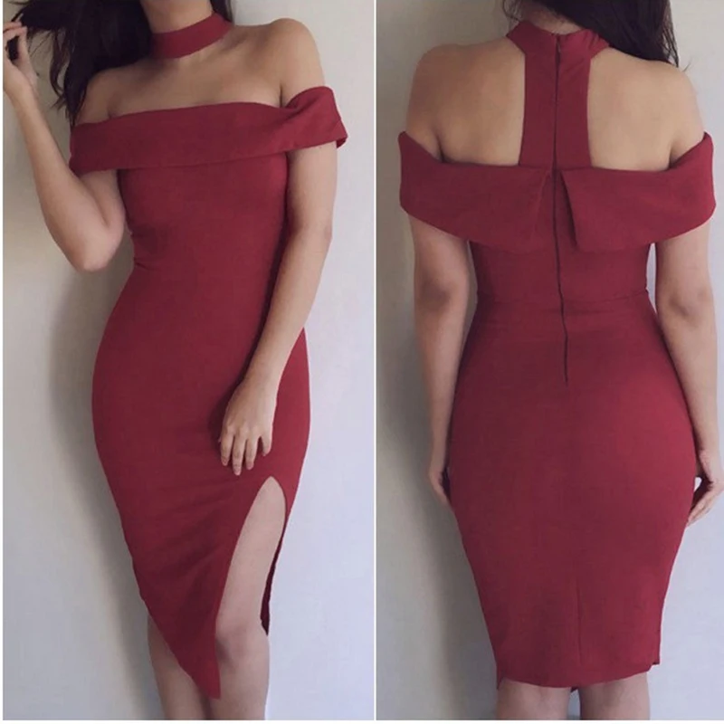 2018 Новое модное женское платье с разрезом сбоку открытыми плечами коротким